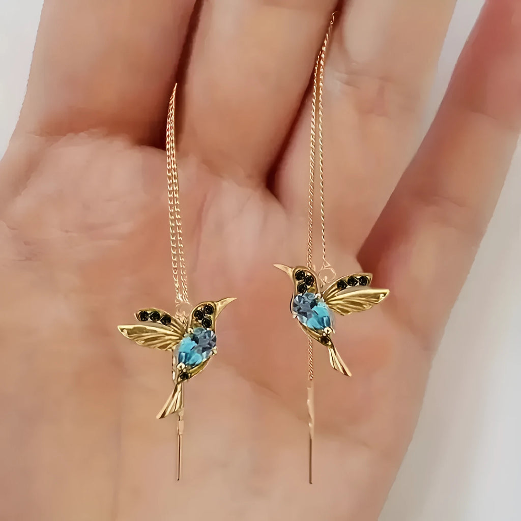 Women's hanging bird earrings with zirconium wing elements in blue, red, or red lvzuan colours