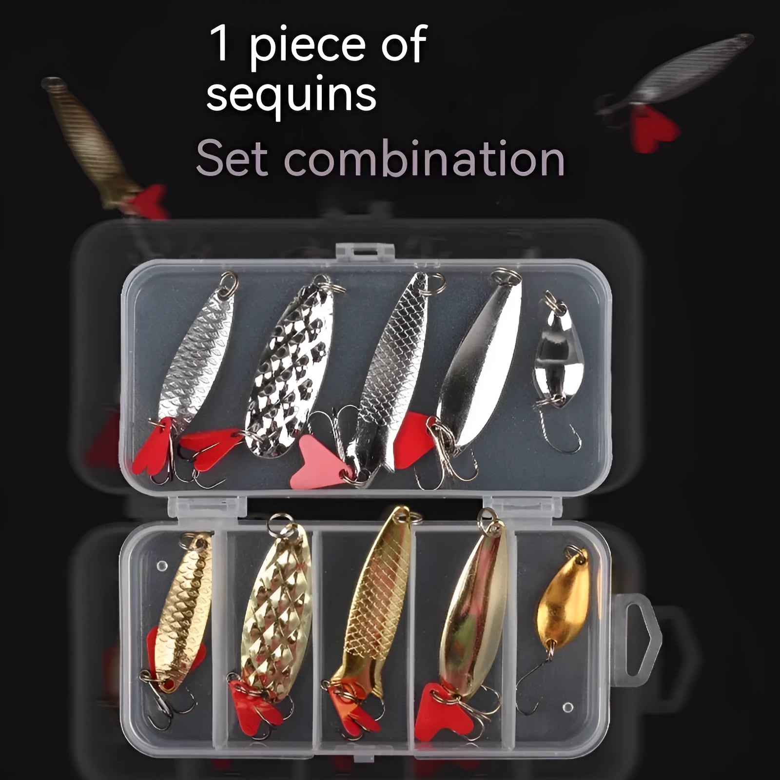 Box iron false fishing lure with packs of gold and silver metal sequins for coarse fishing