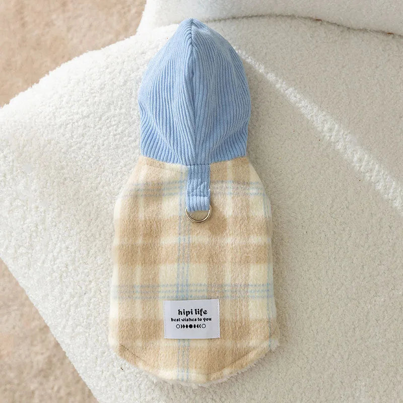 Blue corduroy dog hoodie with chessboard grid print and hood, sized for a medium dog.