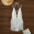 White one-piece swimsuit with deep V-neck and tassel trim, sleeveless briefs style