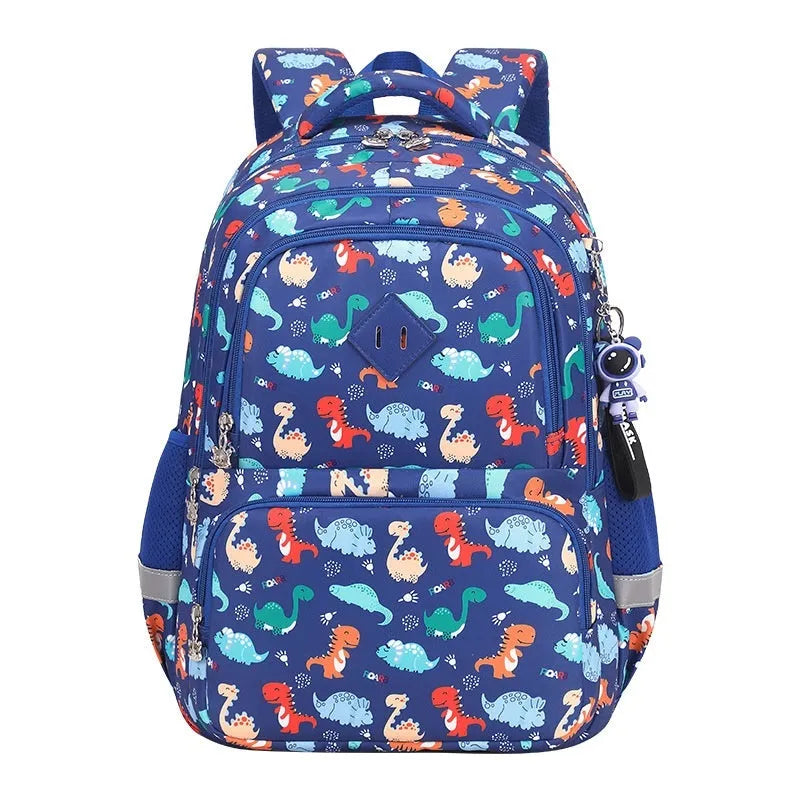 Blue dinosaur print waterproof Oxford cloth children's school backpack with curved shoulder straps.