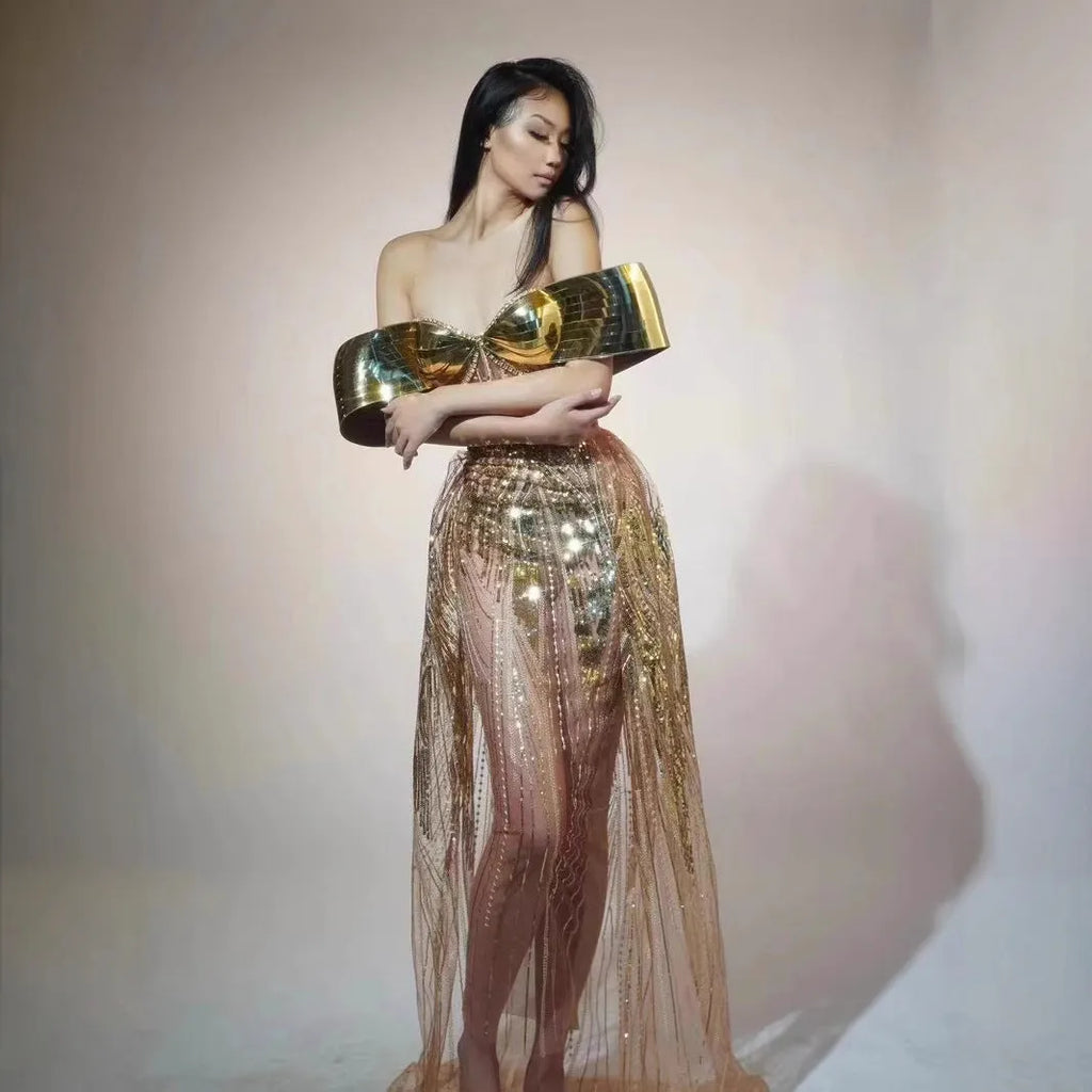 Gold strapless sequined dress with tulle skirt and thigh-high split for women's formal evening wear