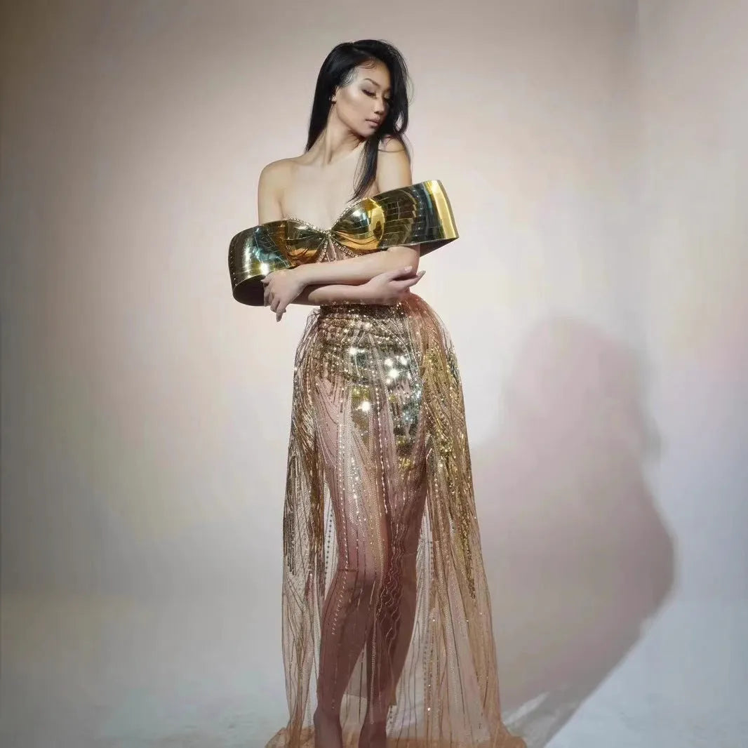 Gold strapless sequined dress with tulle skirt and thigh-high split for women's formal evening wear