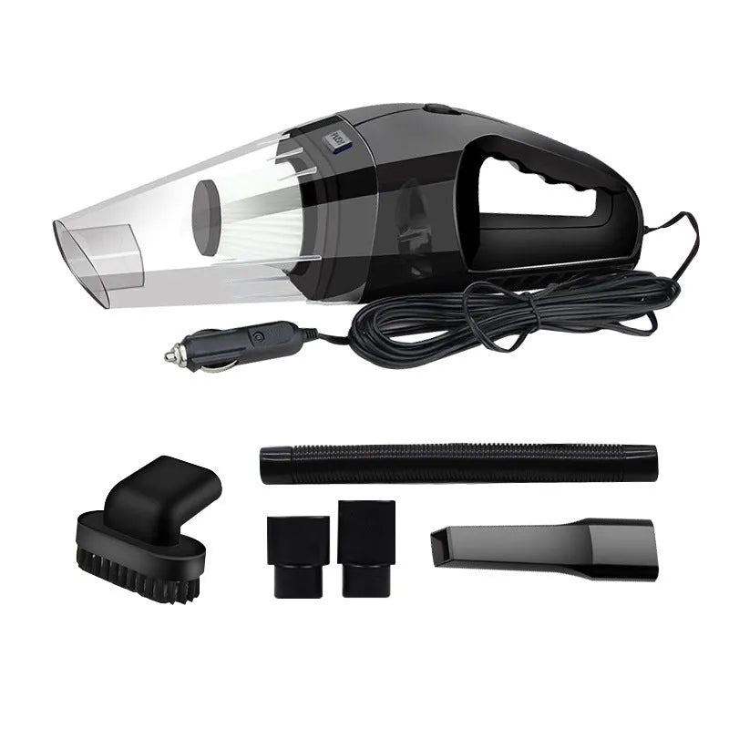 12V handheld car vacuum cleaner in orange, black, or blue with multiple nozzles and a long power cable.