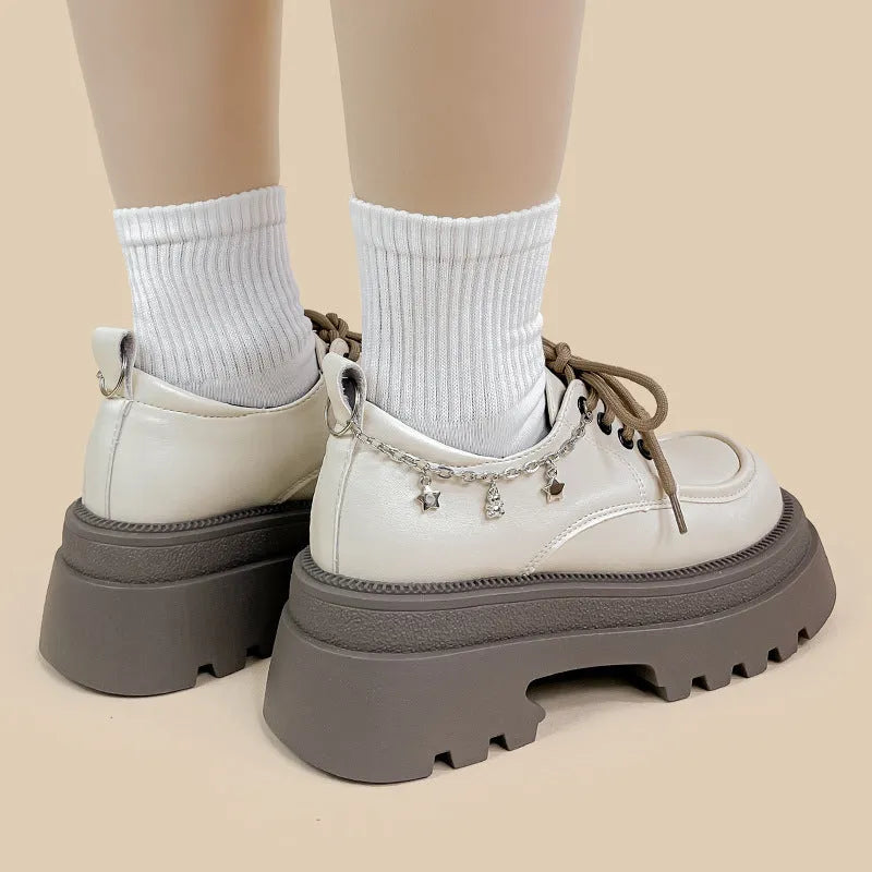 White PU platform Mary Jane shoes with thick chunky heel and front lace-up in XINGX Bear colour