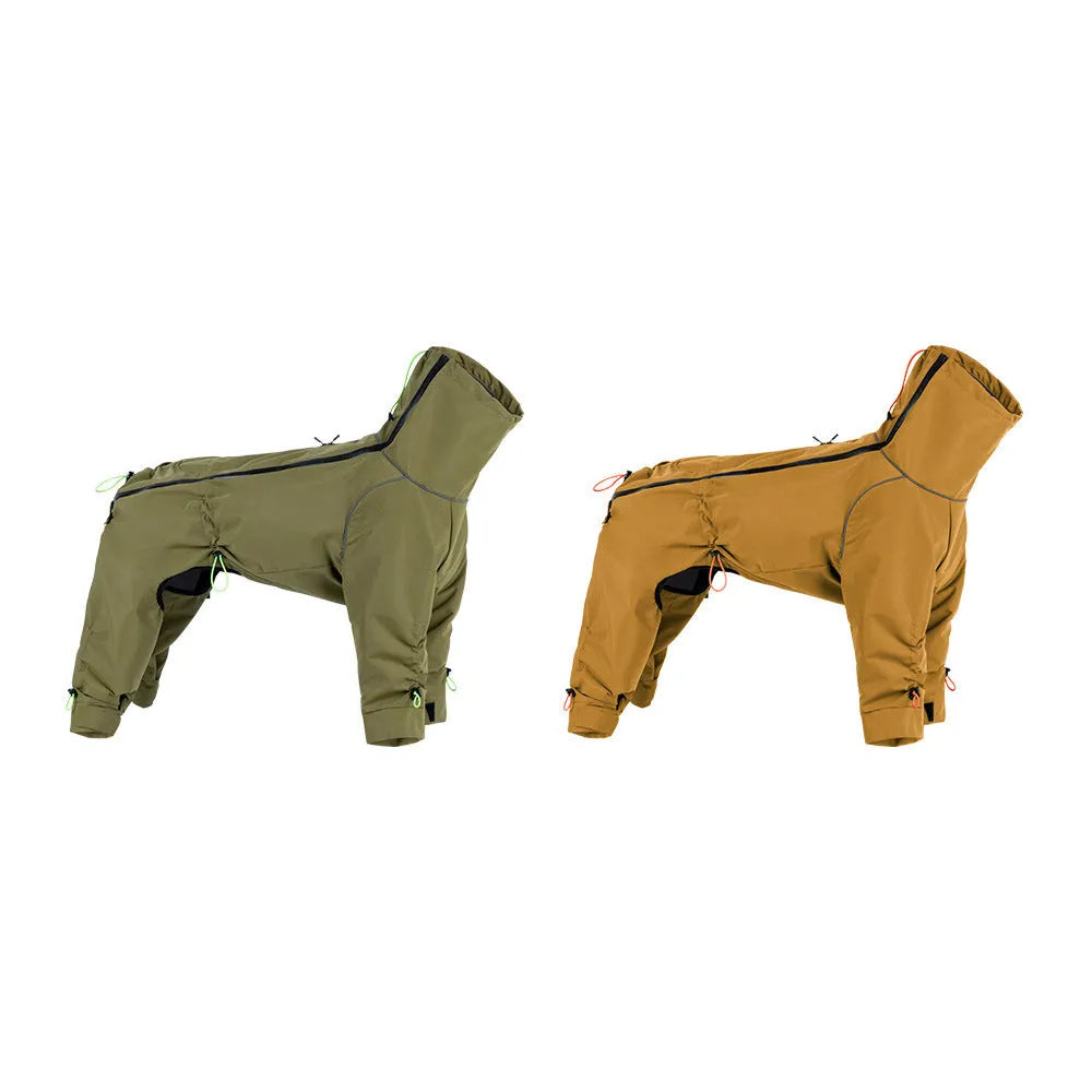 Large dog wearing a windproof polyester shell jacket with turtleneck in army green colour, standing outdoors