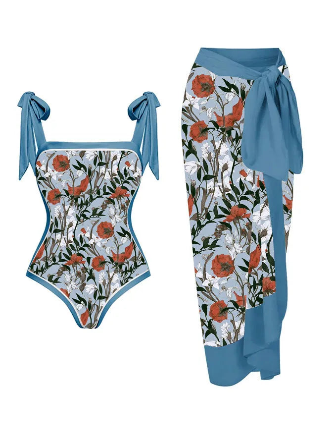 Women's printed chiffon two-piece swimsuit set with matching hip skirt