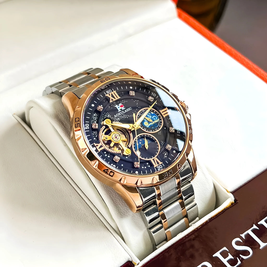 Men's automatic mechanical watch with rose gold case and black dial showing large display