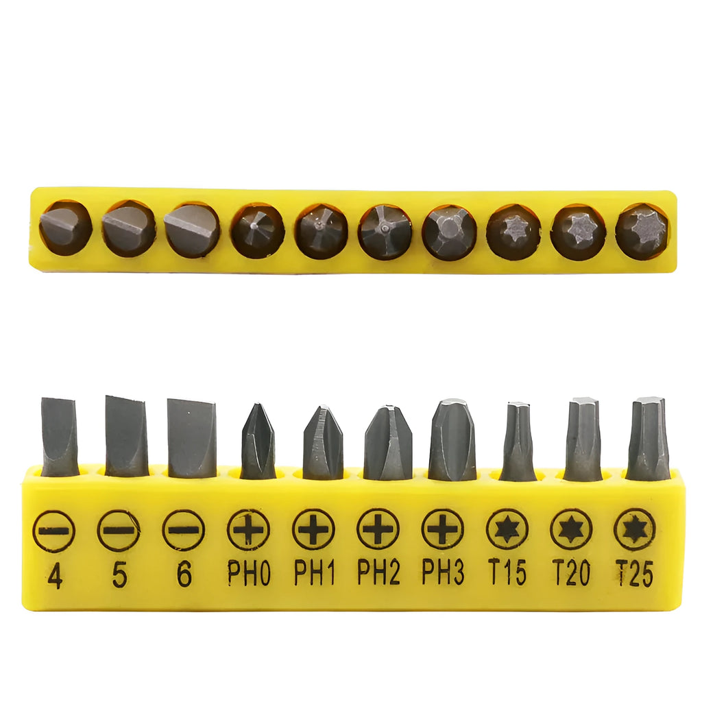 L-shaped socket wrench handle with ten different screwdriver bits arranged alongside