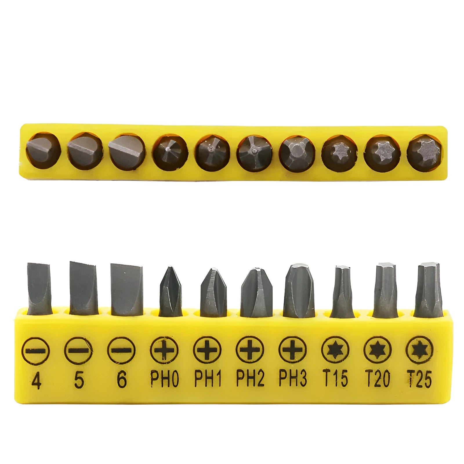 L-shaped socket wrench handle with ten different screwdriver bits arranged alongside