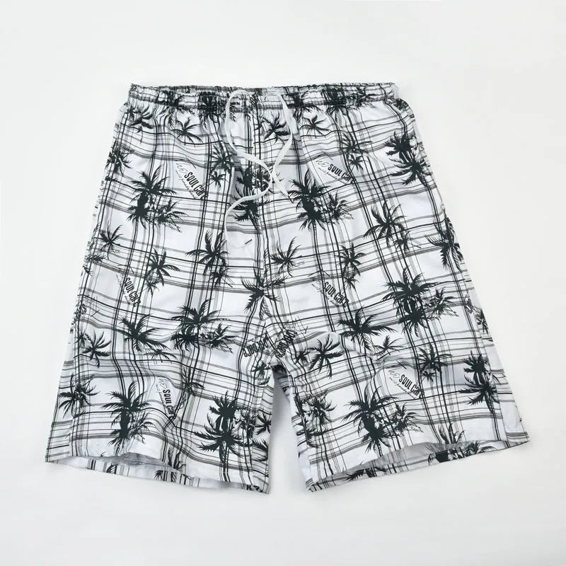 Men's floral print five-point swimming trunks made from polyester in a free size.
