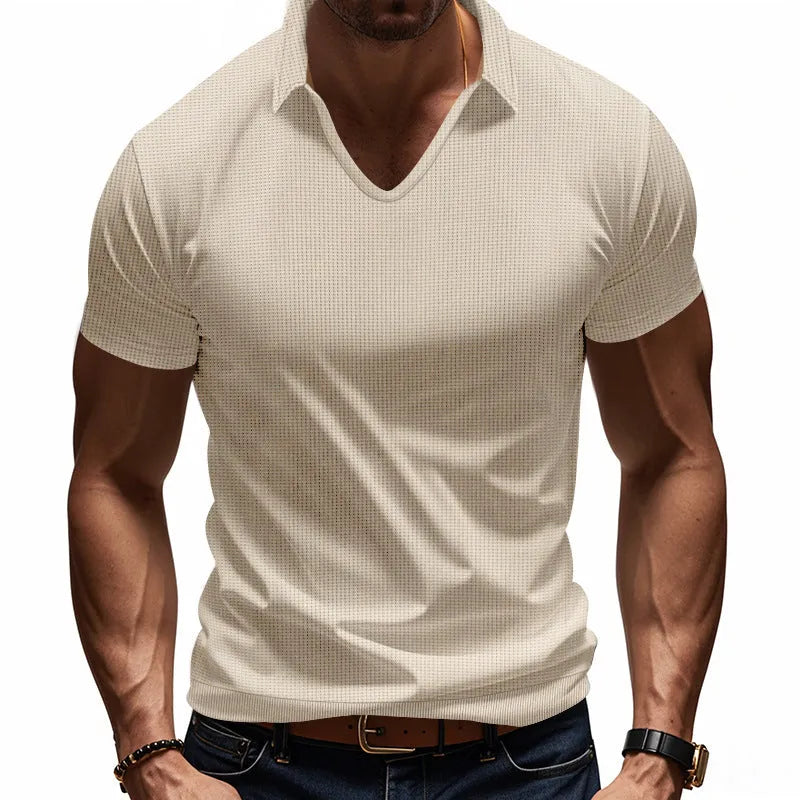 Men's loose fit V-neck short sleeve T-shirt in cotton blend fabric shown in apricot colour