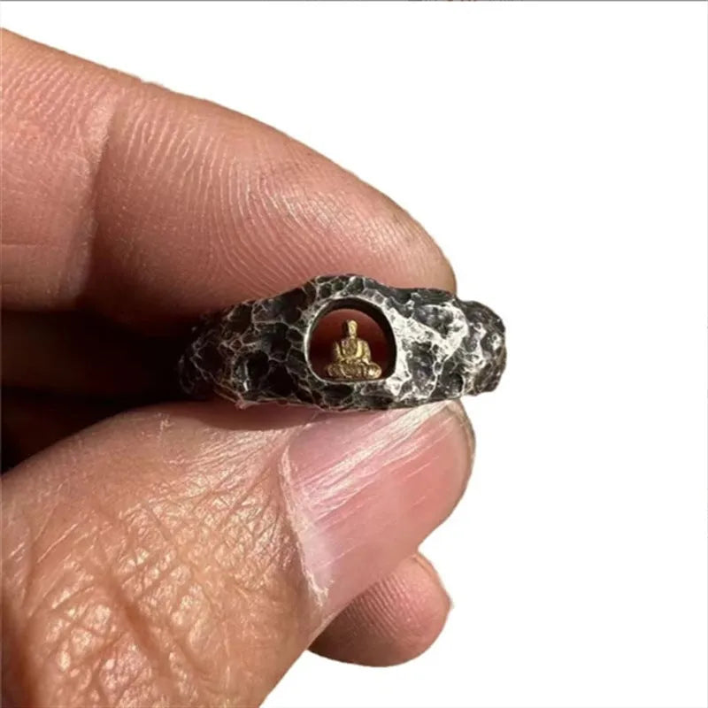 Copper Buddha ring with textured grotto surface showing hand-forged details and retro styling