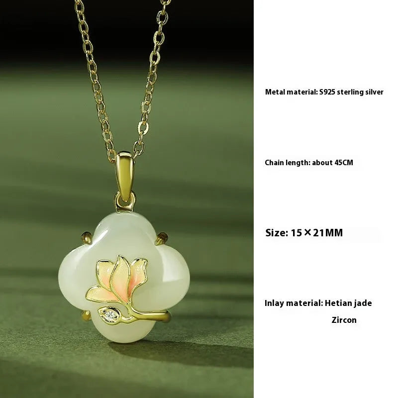 925 silver magnolia jade pendant necklace set on chain with matching bracelet and earrings