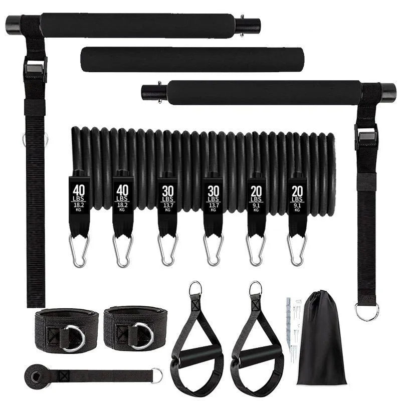 Yoga gymnastic bar set with black 180-pound resistance band and pull rope on a light background.