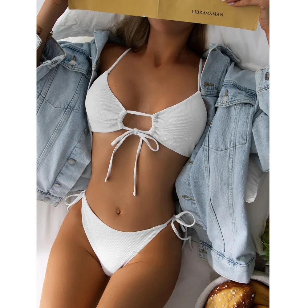 Women's solid colour bikini with drawstring ties on bra and briefs, shown in army green.