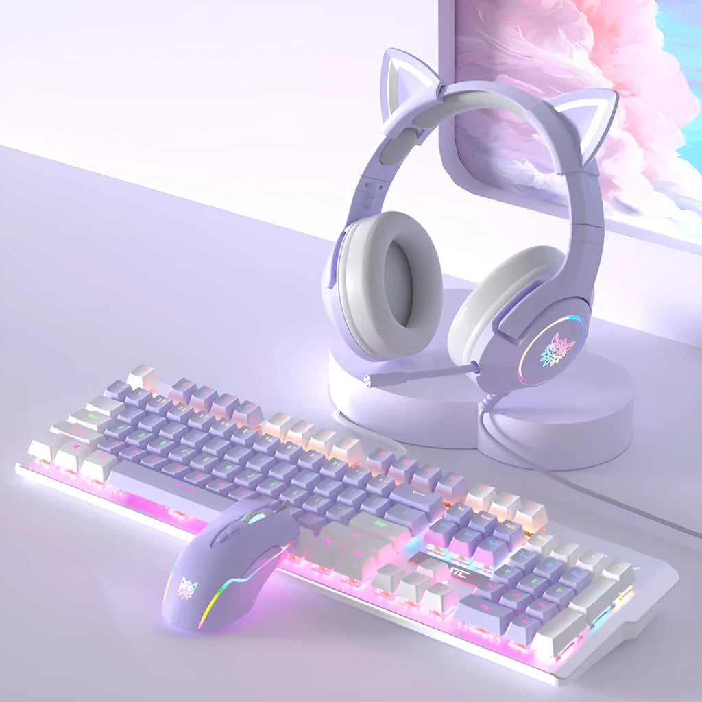 White and purple wired mechanical keyboard and mouse set with backlight