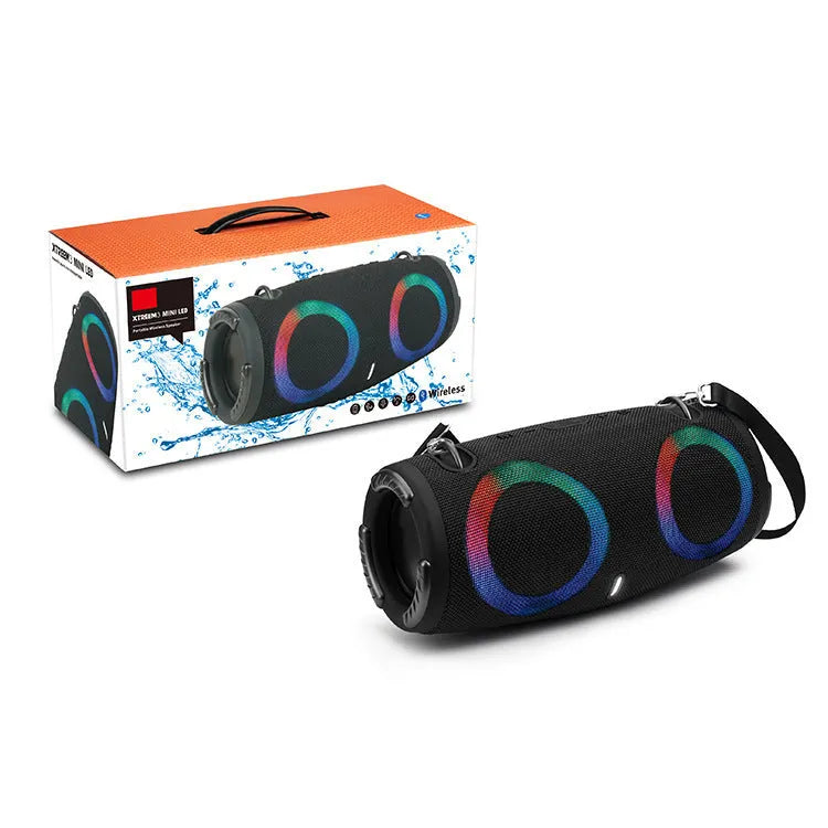 Round portable Bluetooth speaker with RGB coloured lights in camouflage colour option with carrying strap