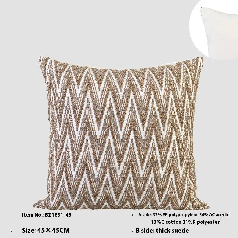 Chinese style square cushion in Maillard colour on a sofa, 45cm size with geometric pattern.