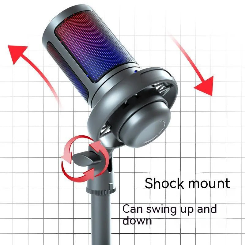 Condenser microphone with RGB lighting in black, white, or pink colours, with a 150cm data cable for computer recording.