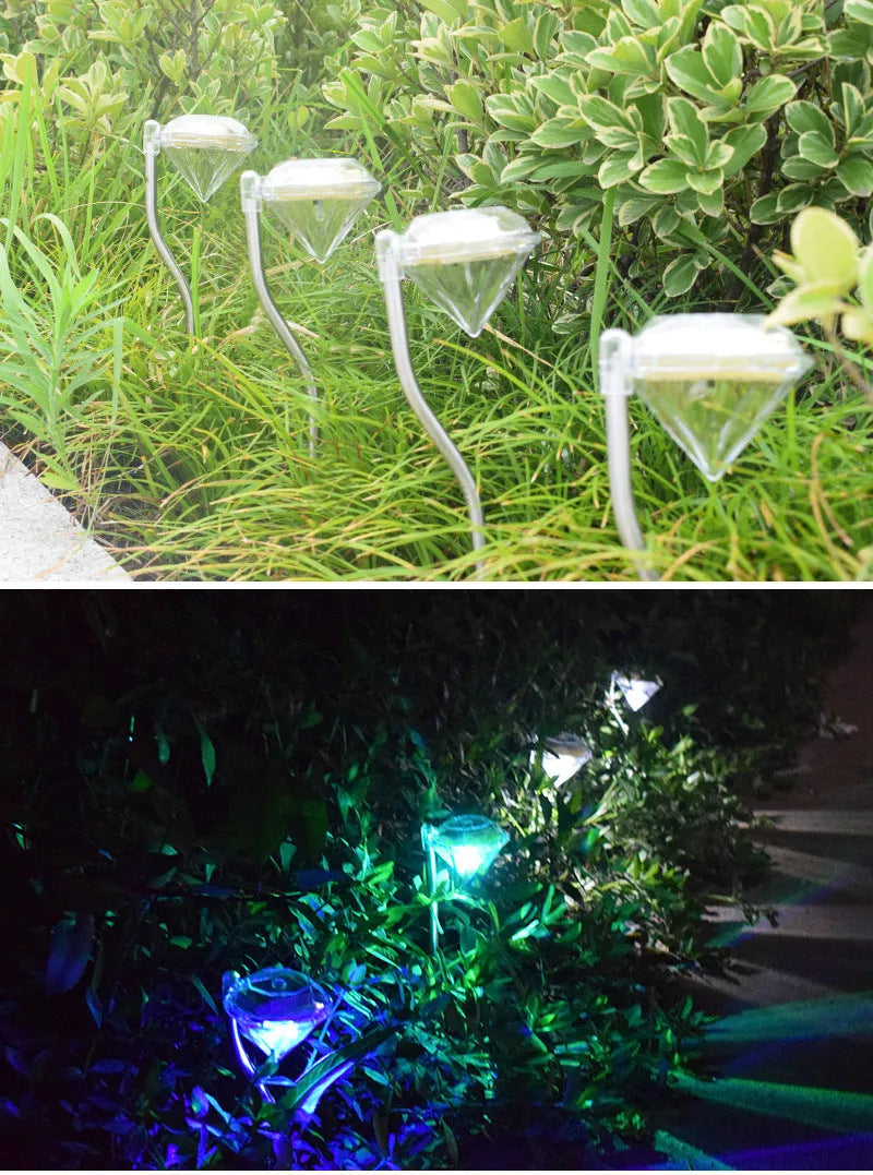 White solar-powered garden spotlight with adjustable head and solar panel on a stake for outdoor installation.