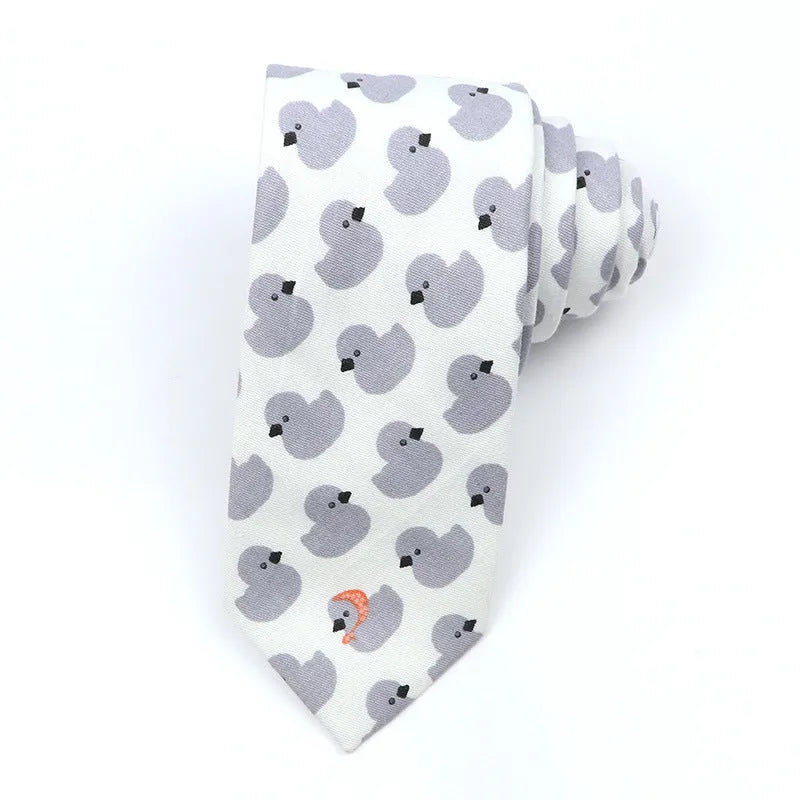 Korean style narrow men's cotton bow tie with a cartoon print pattern on an adjustable neck band.
