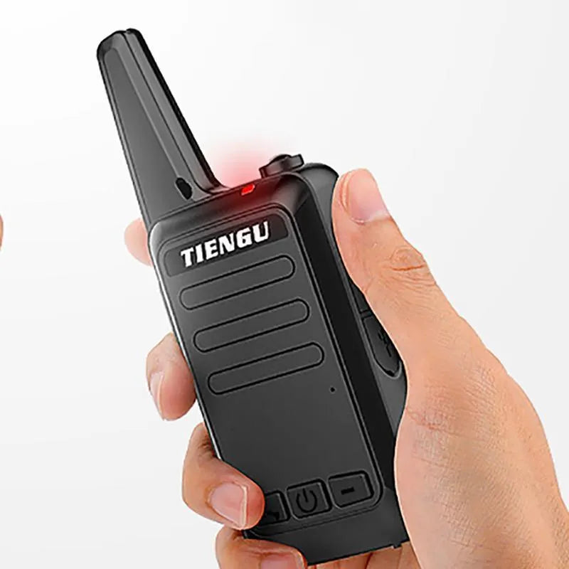 TIENGU wireless handheld radio intercom in black with LED flashlight, USB port, and back clip