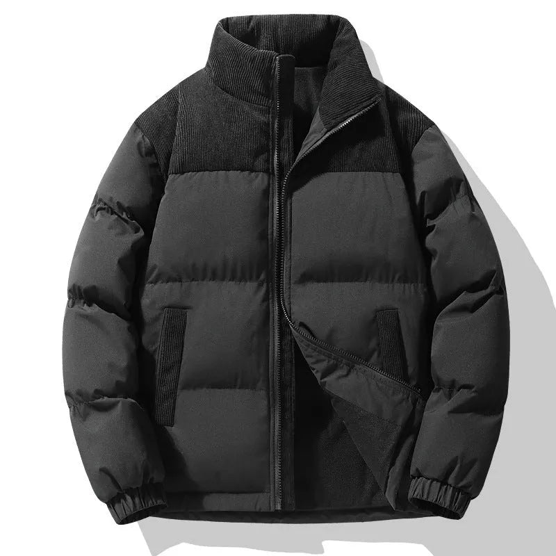 Unisex winter stand-collar padded coat in solid colour, loose fit, side seam pockets, polyester fabric