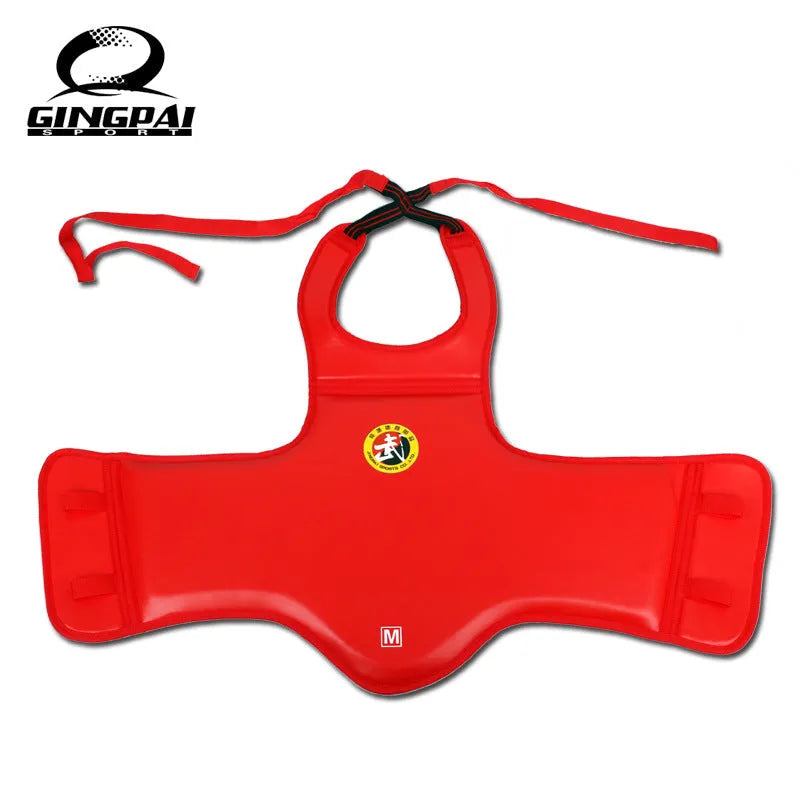 Red boxing helmet and matching one-piece chest protector set for training