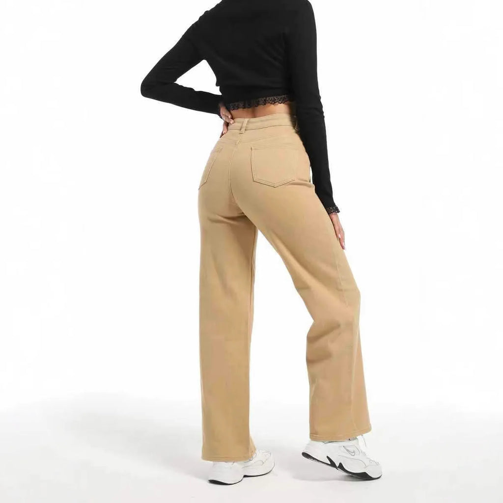 Women's autumn straight jeans in wide leg design, apricot colour, high waist