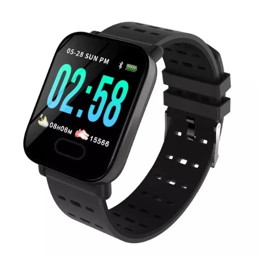 A6 smart fitness bracelet with colour screen and silicone strap showing black, blue, and orange colour options