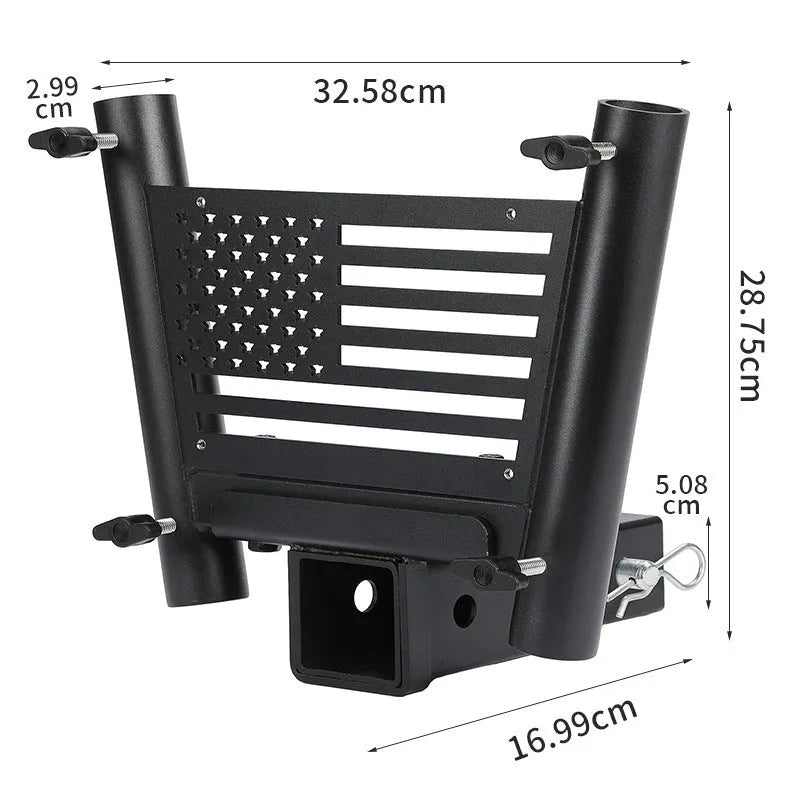 Black steel double tube flagpole bracket for vehicle suspension or seat mounting