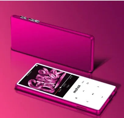 Portable sports MP3 player with 2.4-inch touchscreen showing music interface, available in black, blue, red, or silver