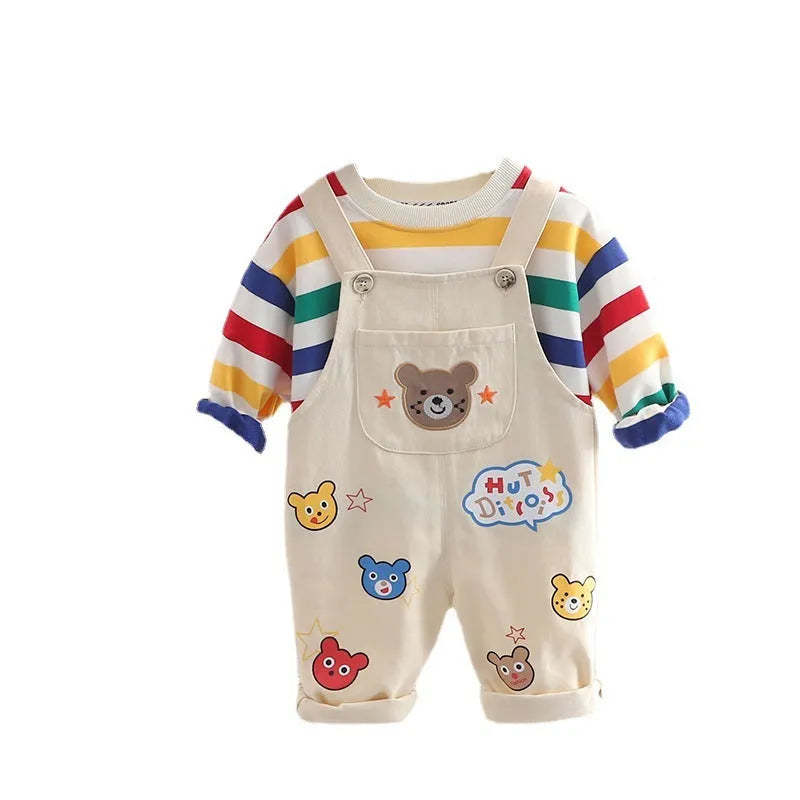 Boys' plaid cotton top overalls suit in beige with strap pants, suitable for 80-120cm height