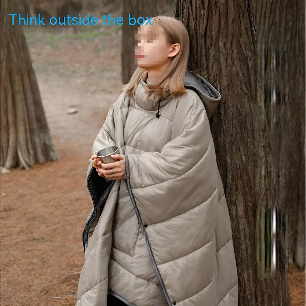 Army green outdoor cloak sleeping bag with wearable design showing 200x140cm dimensions