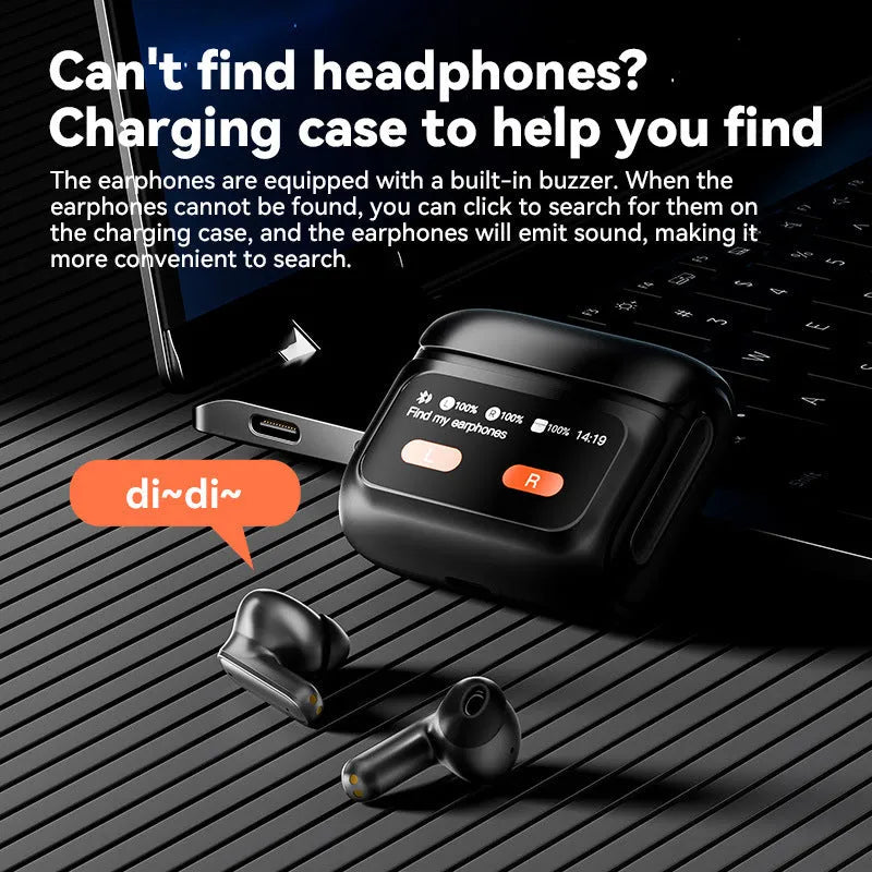 E20PRO touch screen Bluetooth headset with active noise reduction in black, digital display showing battery level