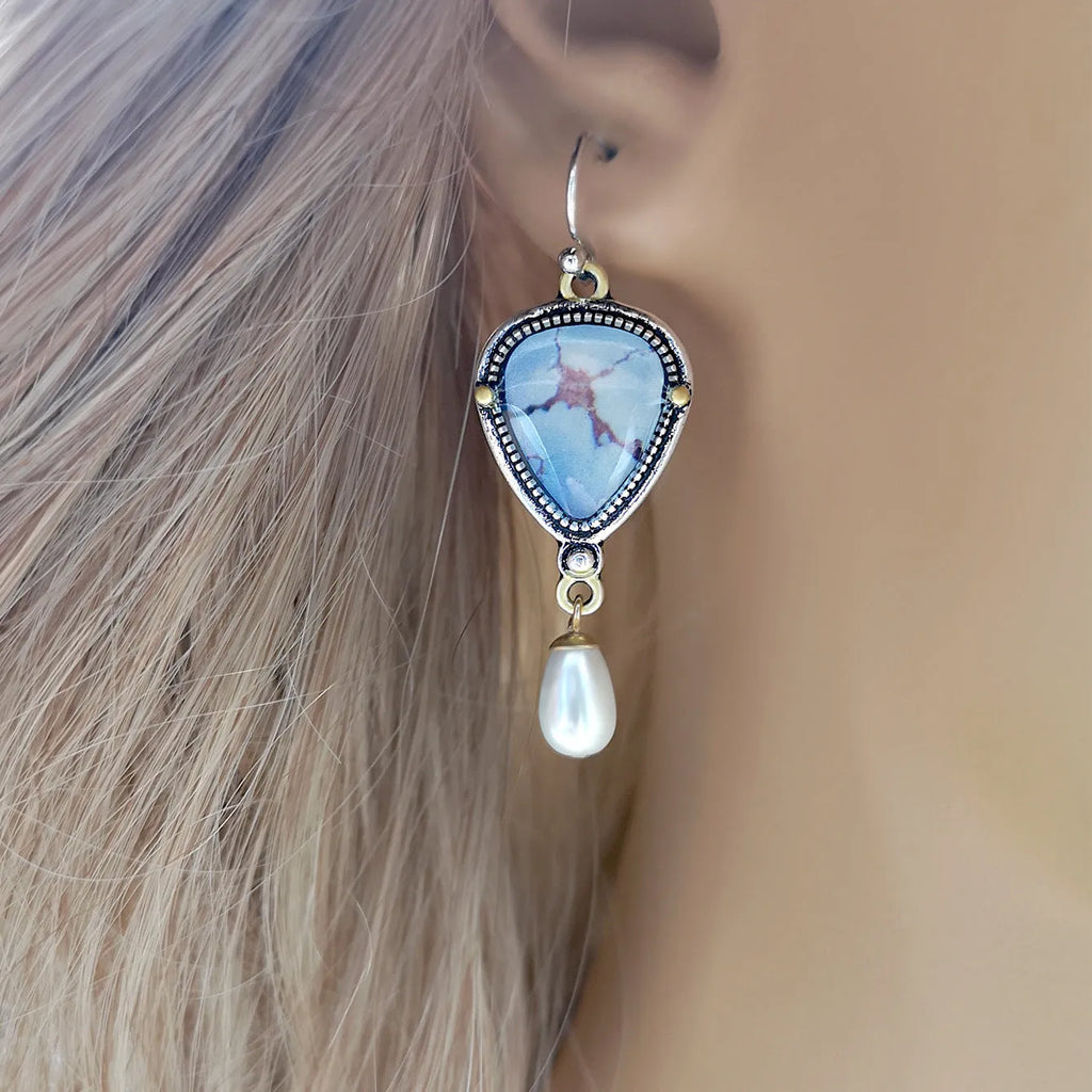 Retro blue geometric drop earrings with synthetic opal and pearl on electroplated metal