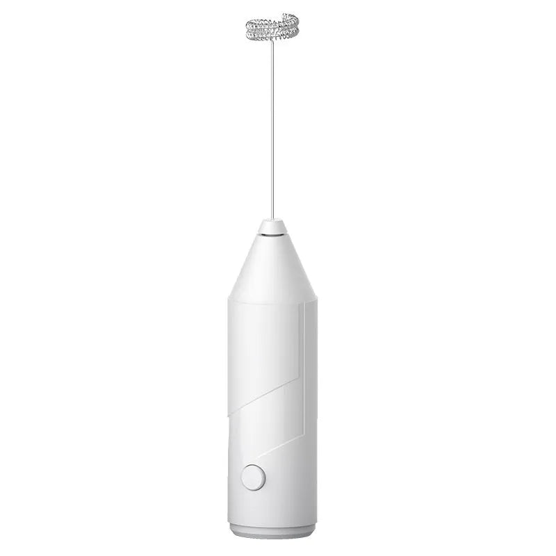 Mini handheld electric milk frother in black, white or khaki colours with USB charging port and stainless steel frothing wand