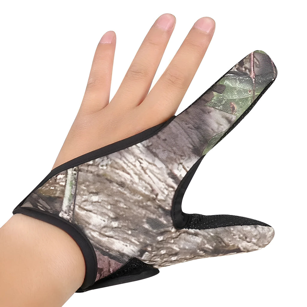 Two-finger fishing glove in camouflage colour showing diving cloth back and microfiber palm.