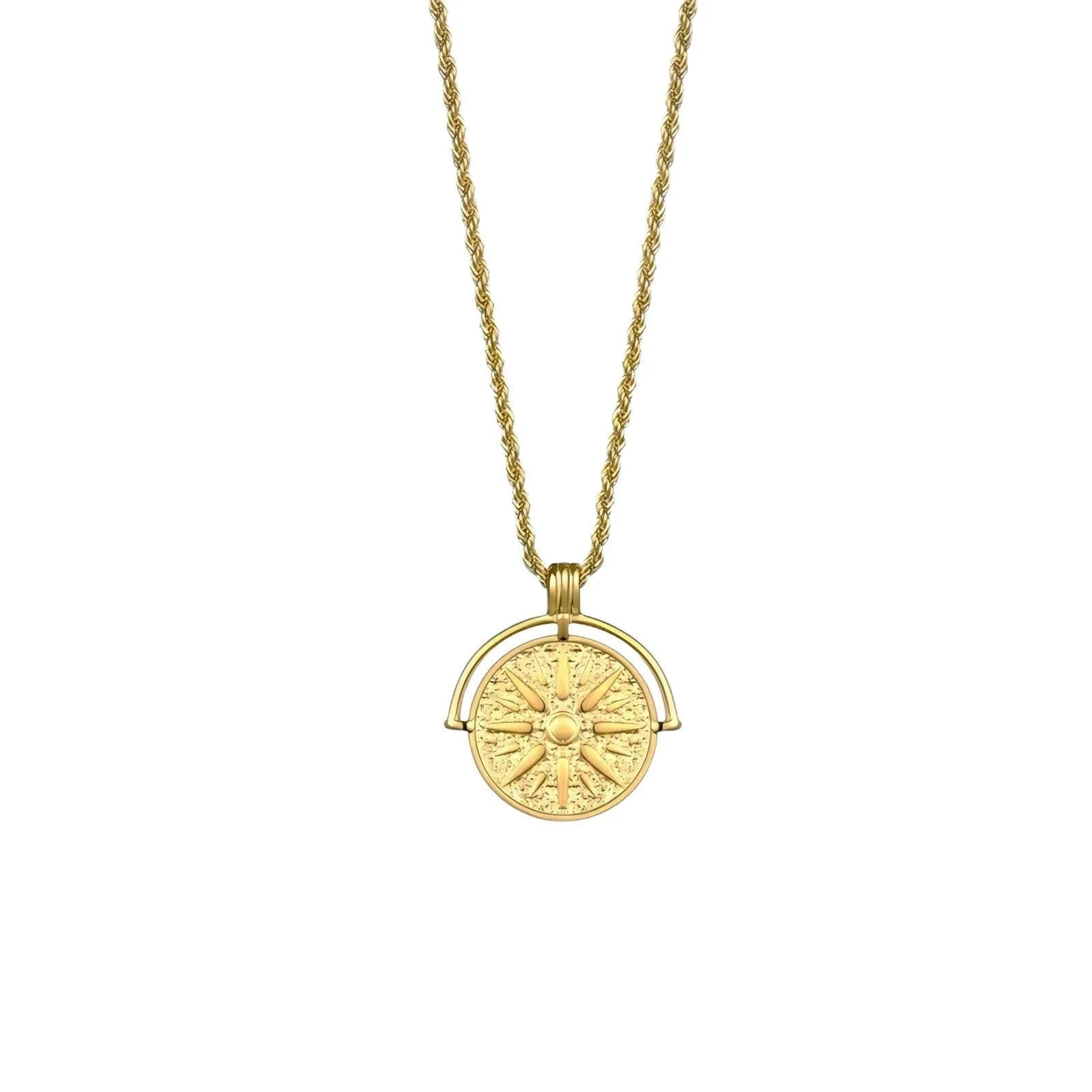 Round stainless steel pendant necklace with sunflower embossing and geometric design on adjustable hemp flowers chain