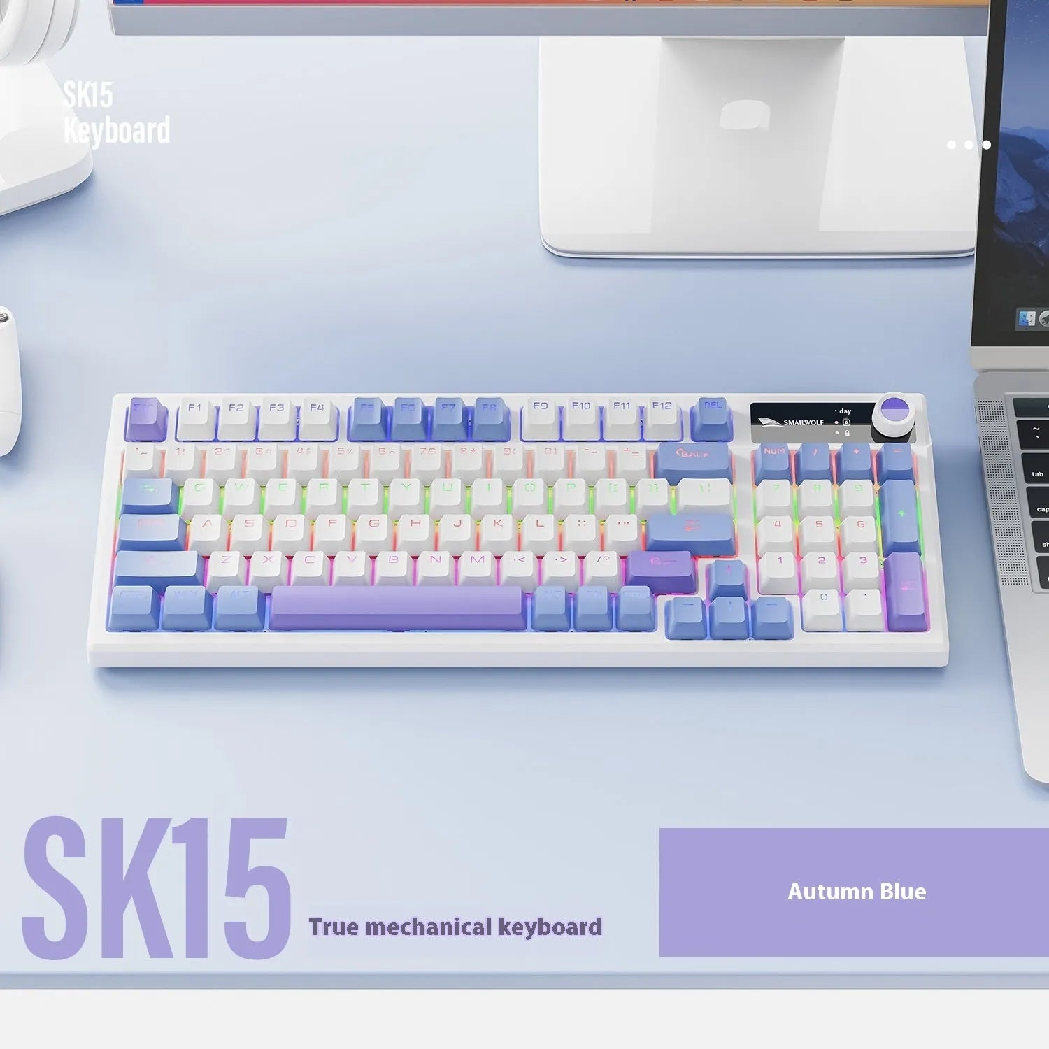 SK15 wired mechanical gaming keyboard in sunset orange, autumn water blue, or black with mixed light green switches