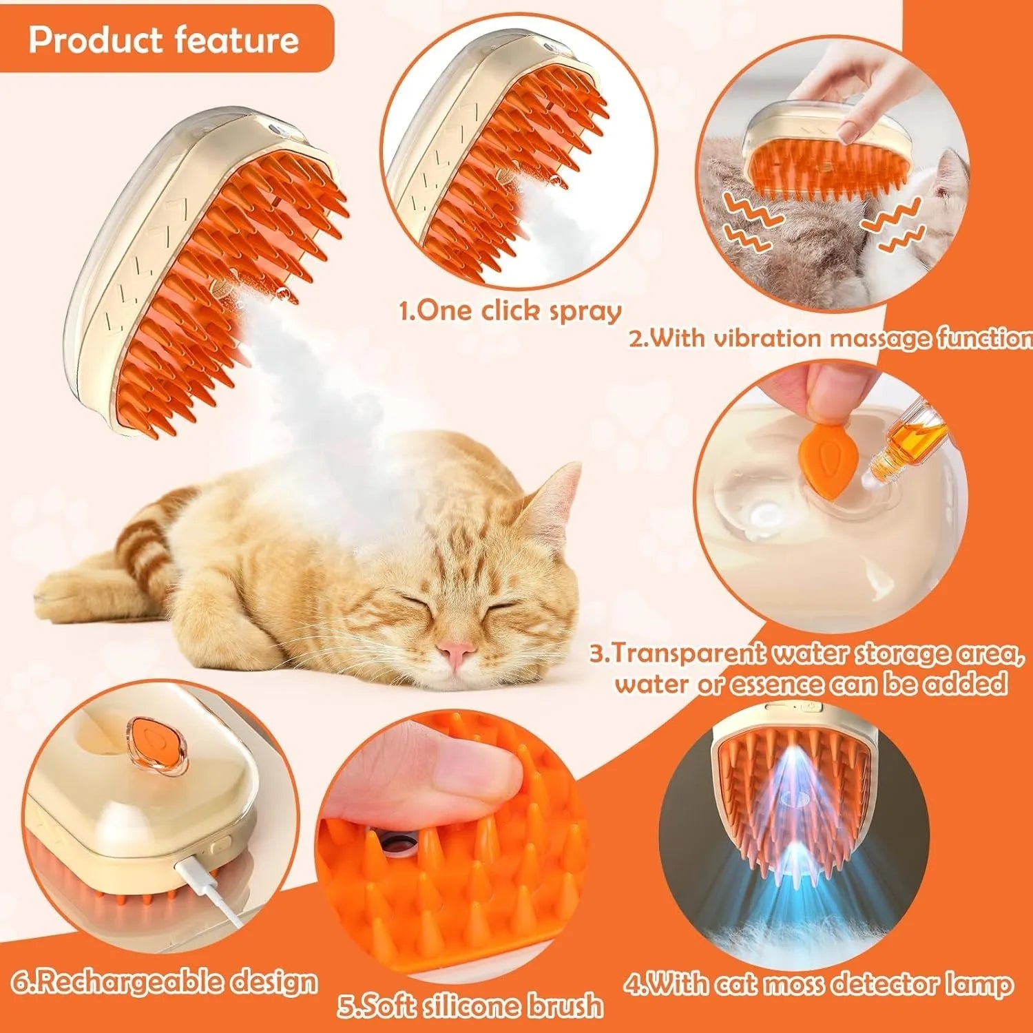 Yellow USB rechargeable cat grooming brush with steam spray, massage, and ringworm detection lamp.