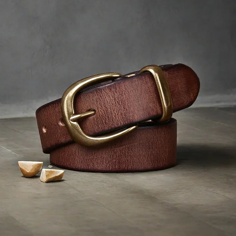 Men's casual jeans belt in cattlehide leather with copper buckle in black, brown, or khaki