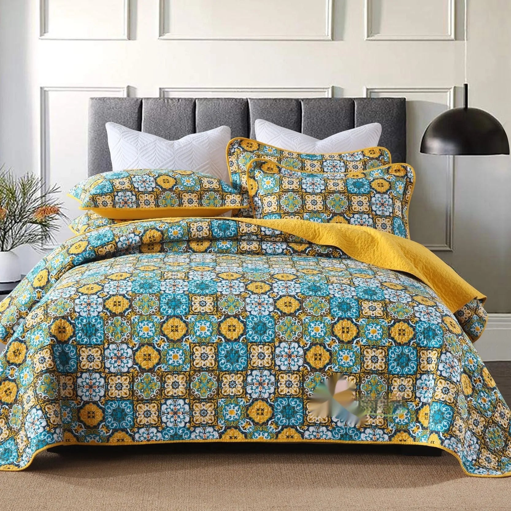 Cotton quilted bed cover three-piece set with printed pattern for 1.5-1.8 metre beds