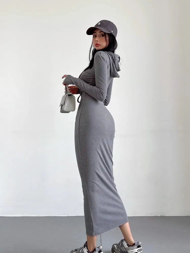 Women's grey hooded long sleeve sheath dress with a high waist and over-the-knee length.