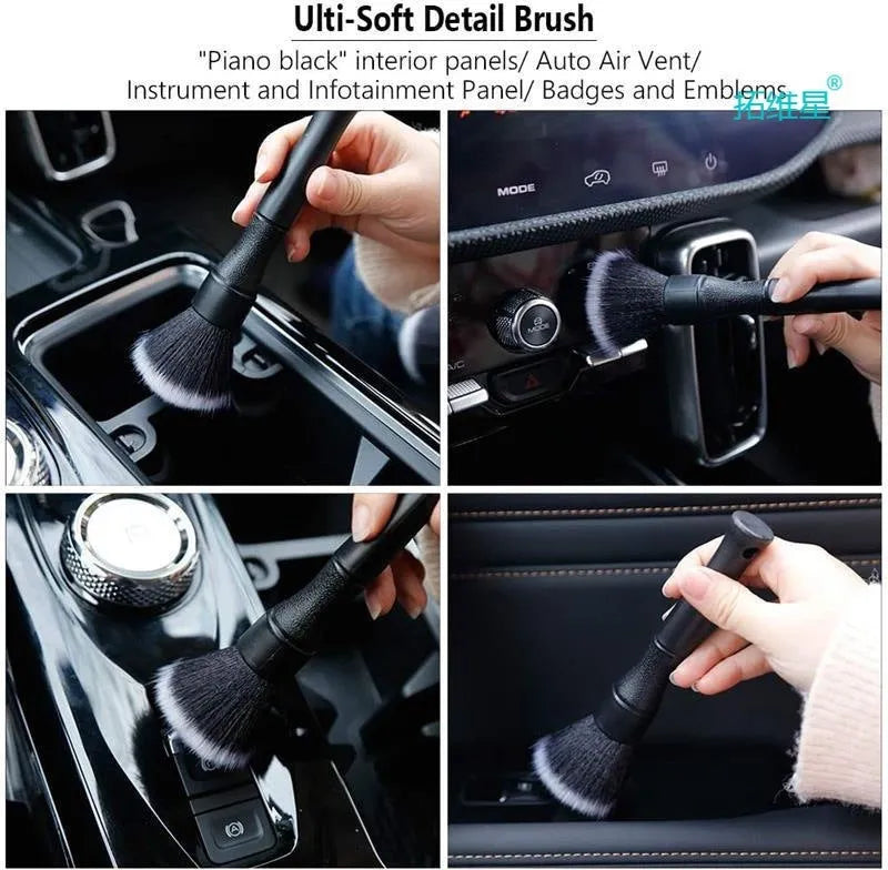 Black car detailing brush with soft pig hair bristles and PP plastic handle