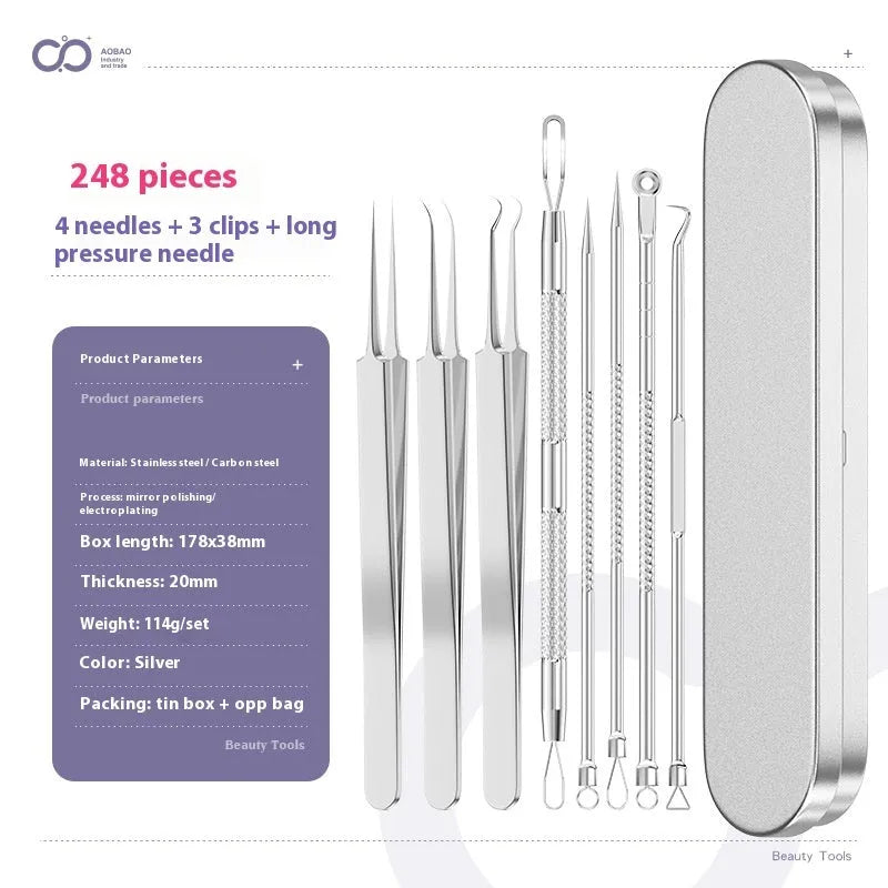 Set of four silver metal acne needles with pointed tips on a white background.