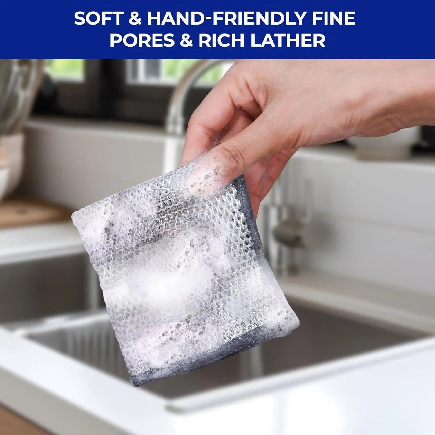 Silver steel wire and microfiber double-sided cleaning rag for scrubbing pots and wiping bowls.