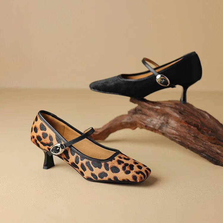 Women's black square toe stiletto ankle-strap shoe with horse hair upper and buckle closure
