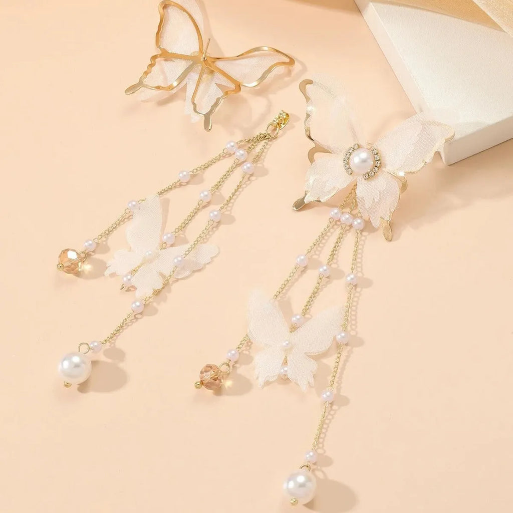 White butterfly tassel lace pearl rhinestone earrings with electroplated copper alloy construction